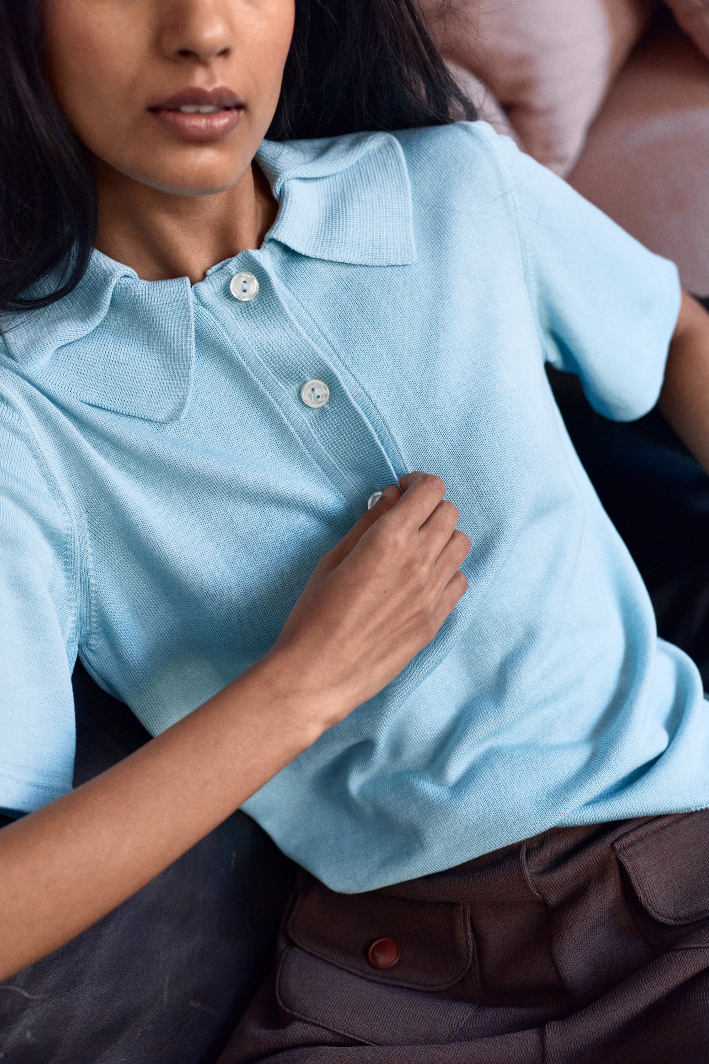 Antonia Silk Polo Sky Blue