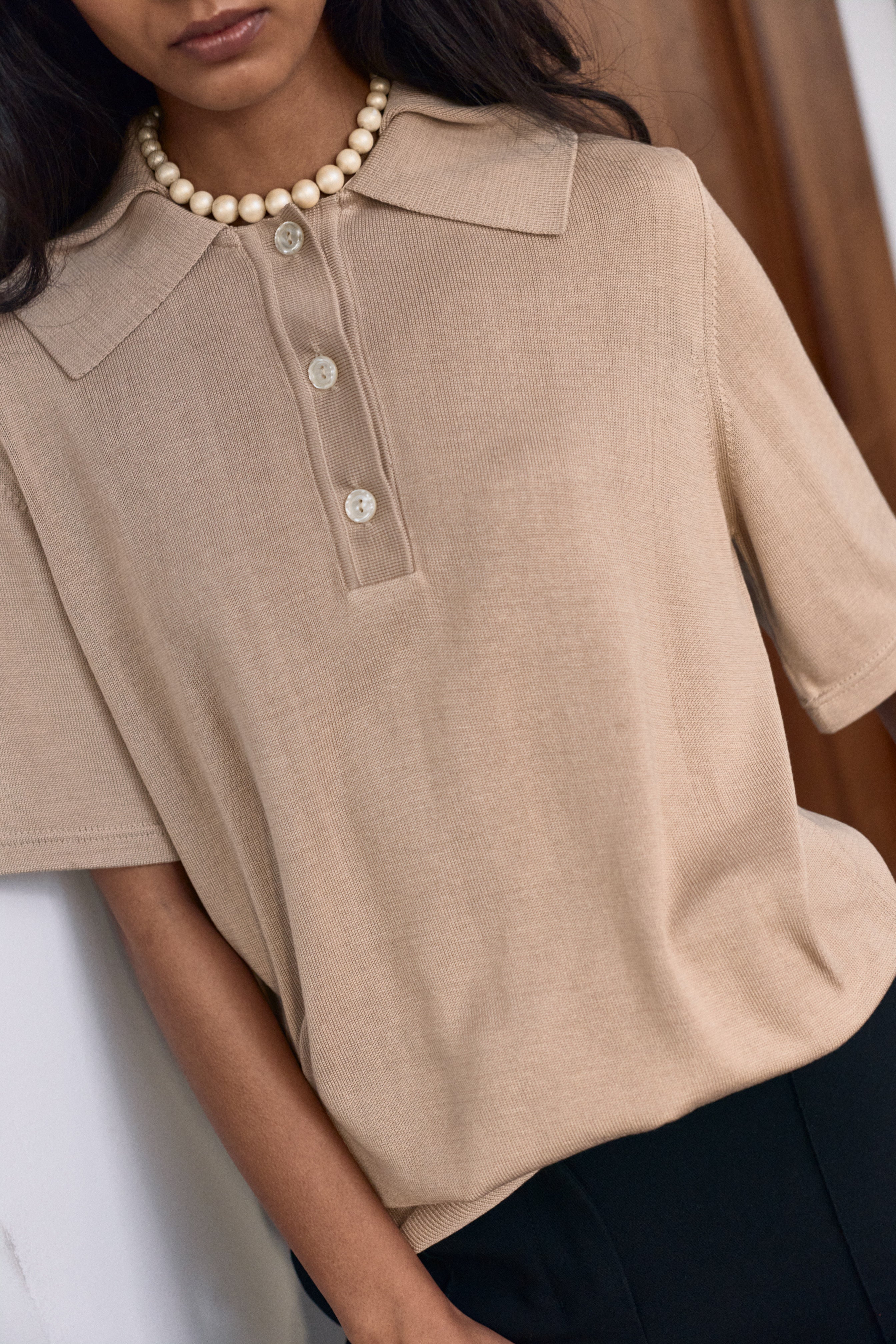 Antonia Silk Polo Beige