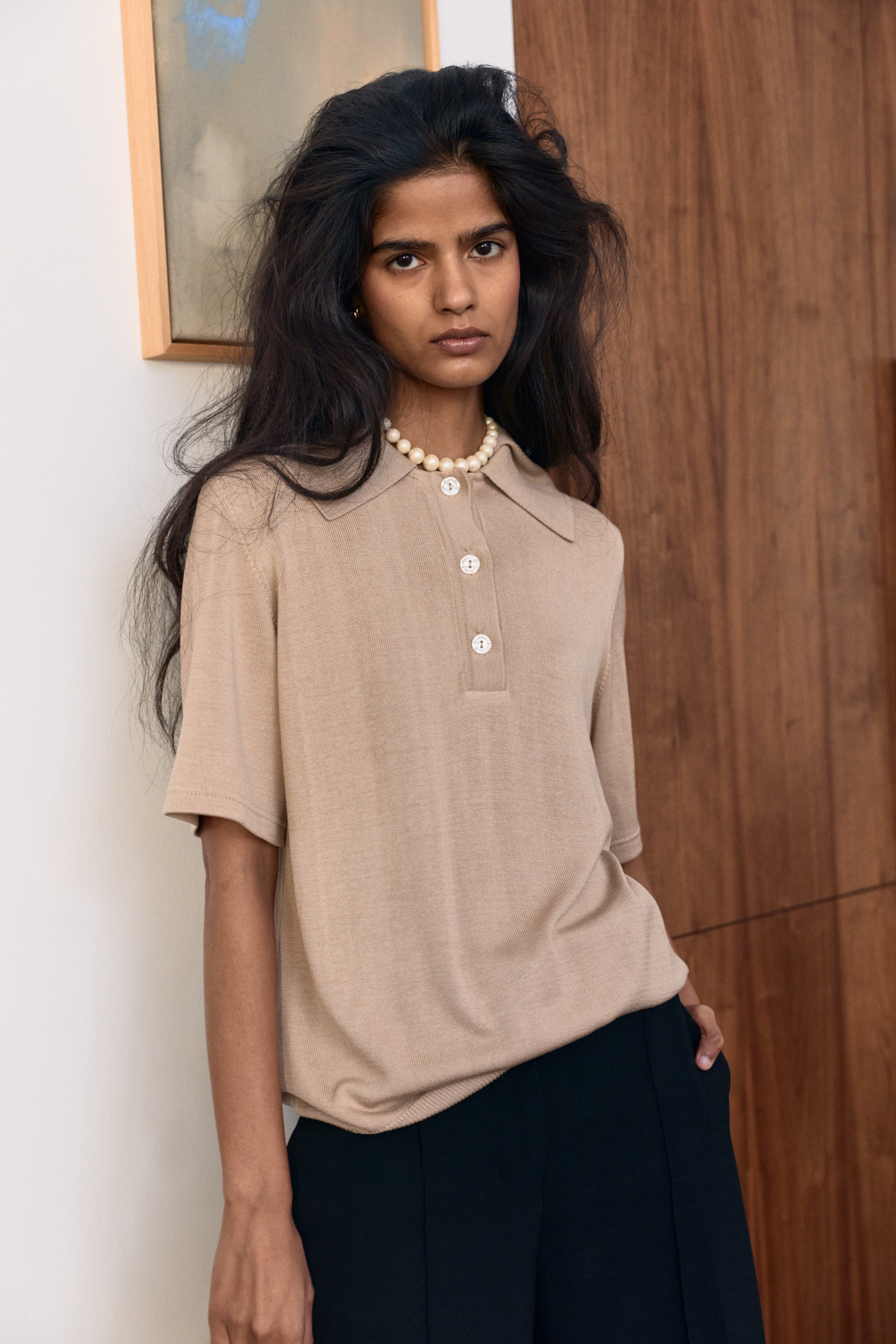 Antonia Silk Polo Beige